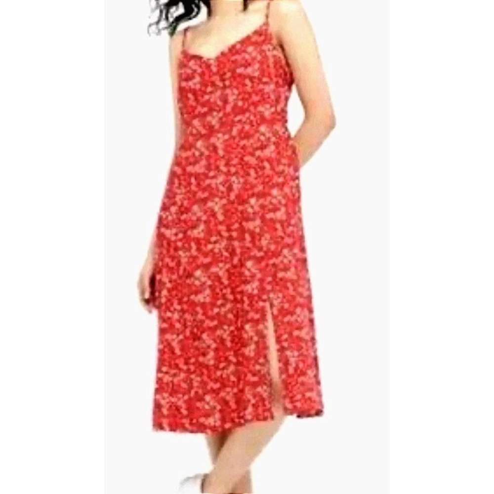 Uniqlo Red Floral Camisole Midi Dress Rayon Adjustable Straps Side Slit 446841